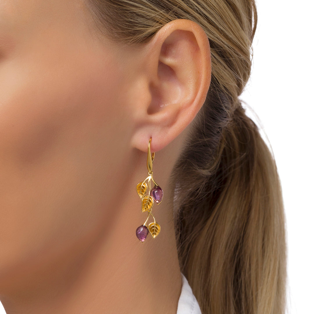 Golden Leaf Branch Purple Earrings